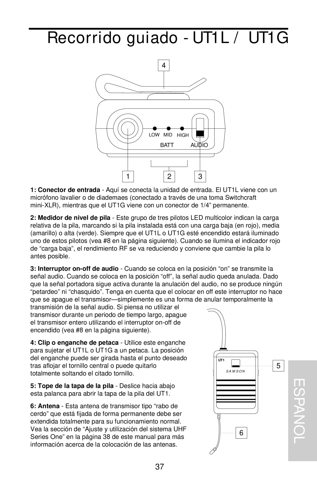 Samson UHF 801 owner manual Recorrido guiado - UT1L / UT1G, Espanol 