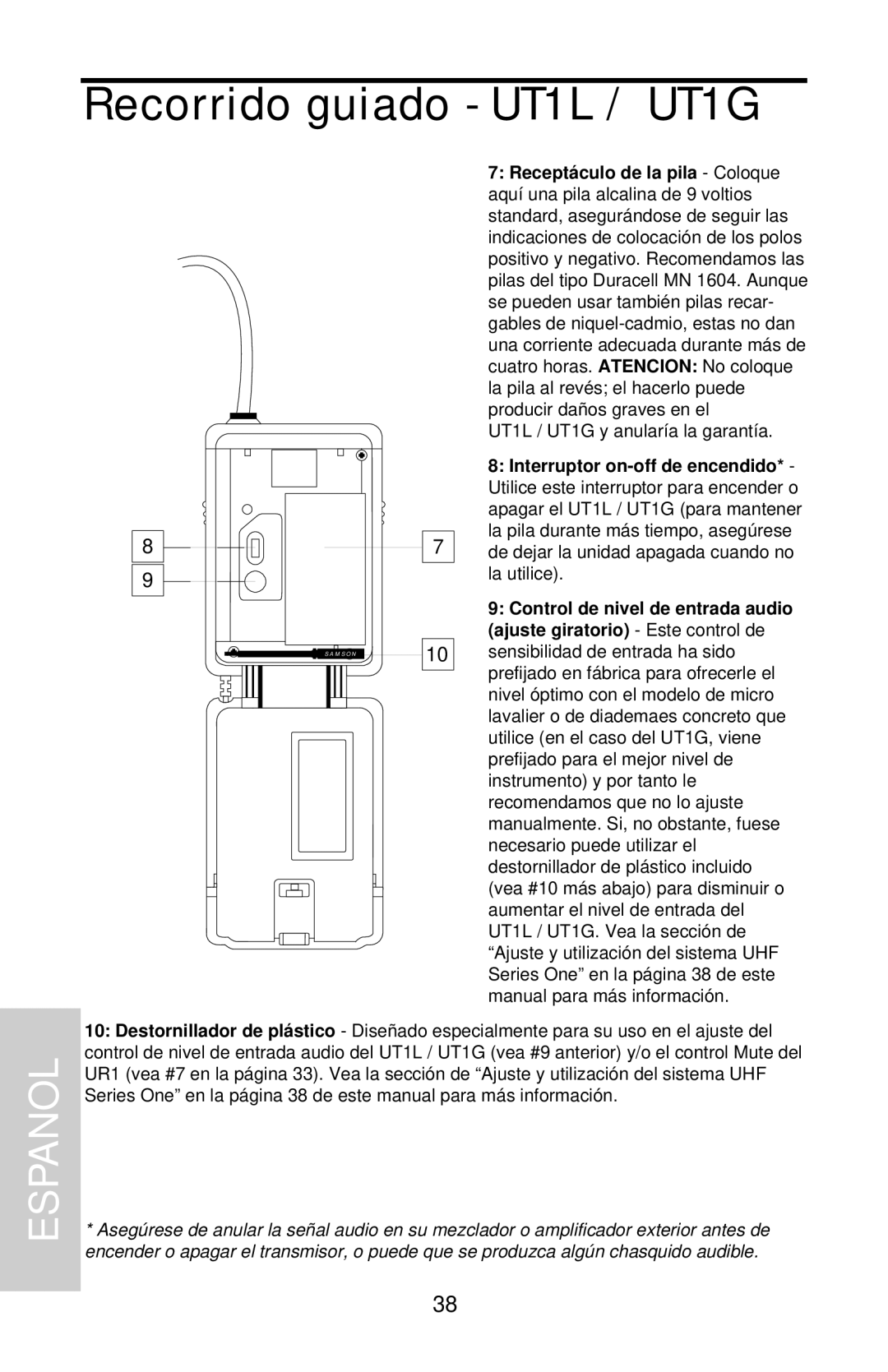Samson UHF 801 owner manual Recorrido guiado - UT1L / UT1G, Espanol, UT1L / UT1G y anularía la garantía 