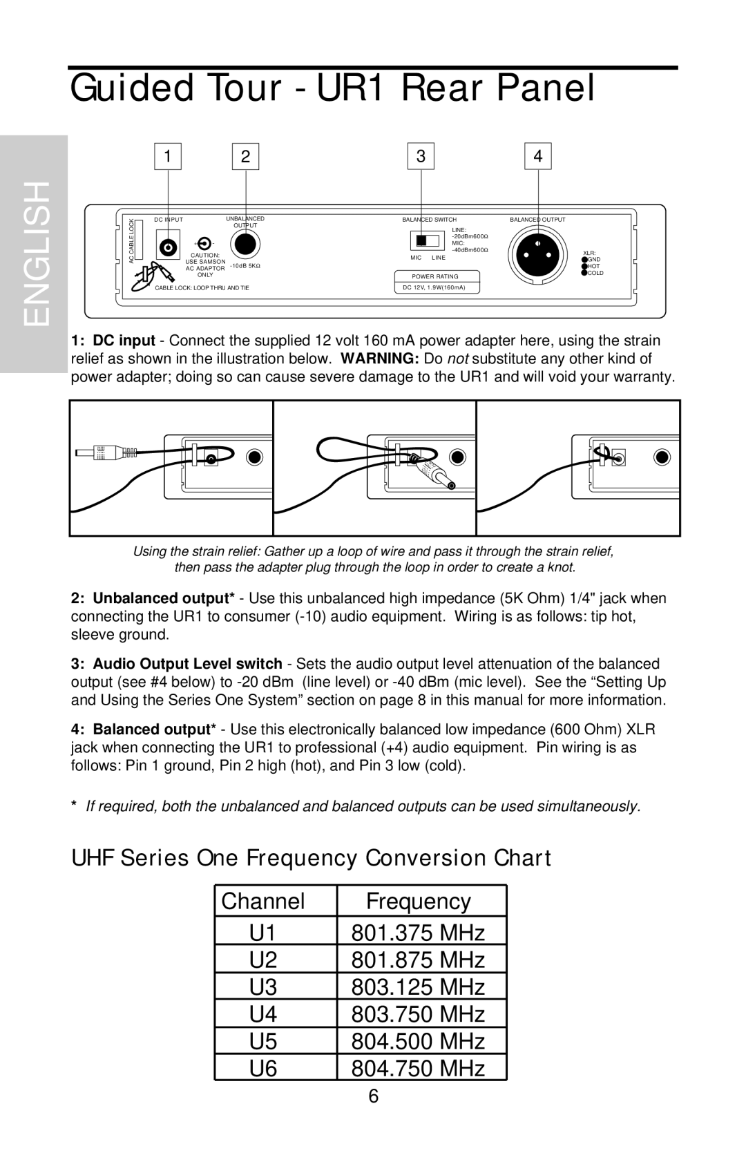 Samson UHF 801 owner manual Guided Tour - UR1 Rear Panel, UHF Series One Frequency Conversion Chart, English 