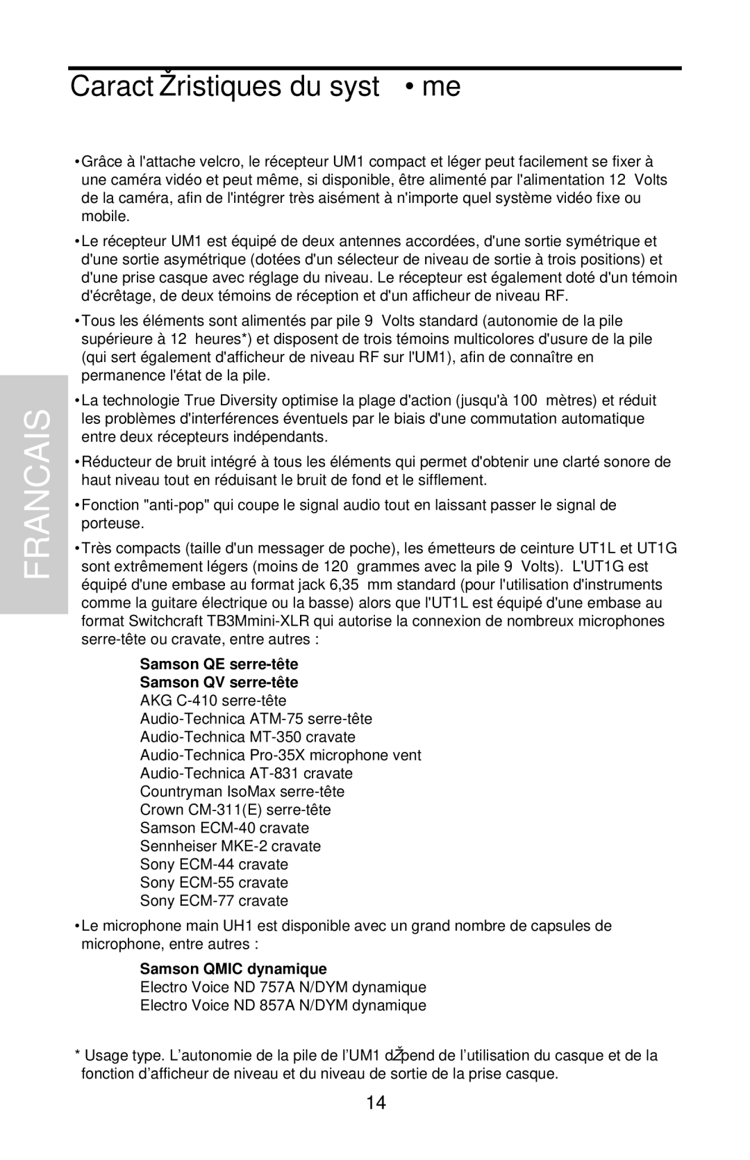 Samson UHF Series One owner manual Samson QE serre-tête Samson QV serre-tête, Samson Qmic dynamique 