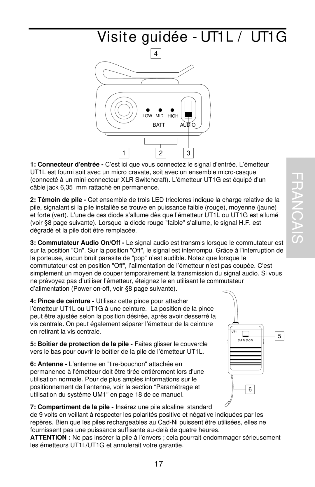 Samson UHF Series One owner manual Visite guidée UT1L / UT1G 