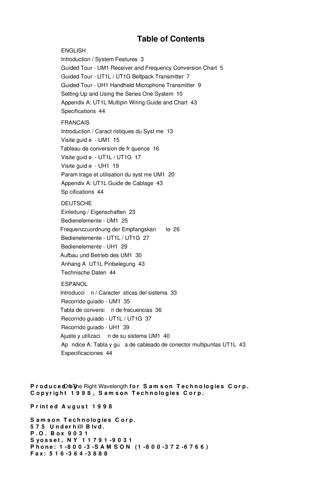 Samson UHF Series One owner manual Table of Contents 