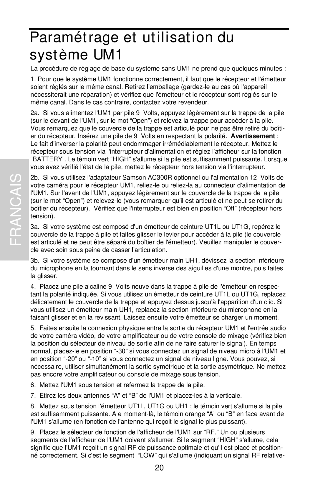 Samson UHF Series One owner manual Paramétrage et utilisation du système UM1 