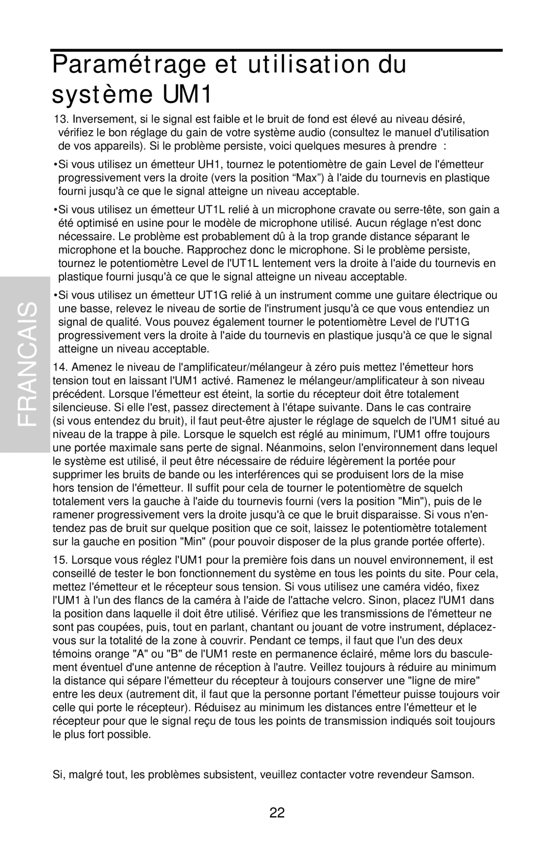 Samson UHF Series One owner manual Paramétrage et utilisation du système UM1 