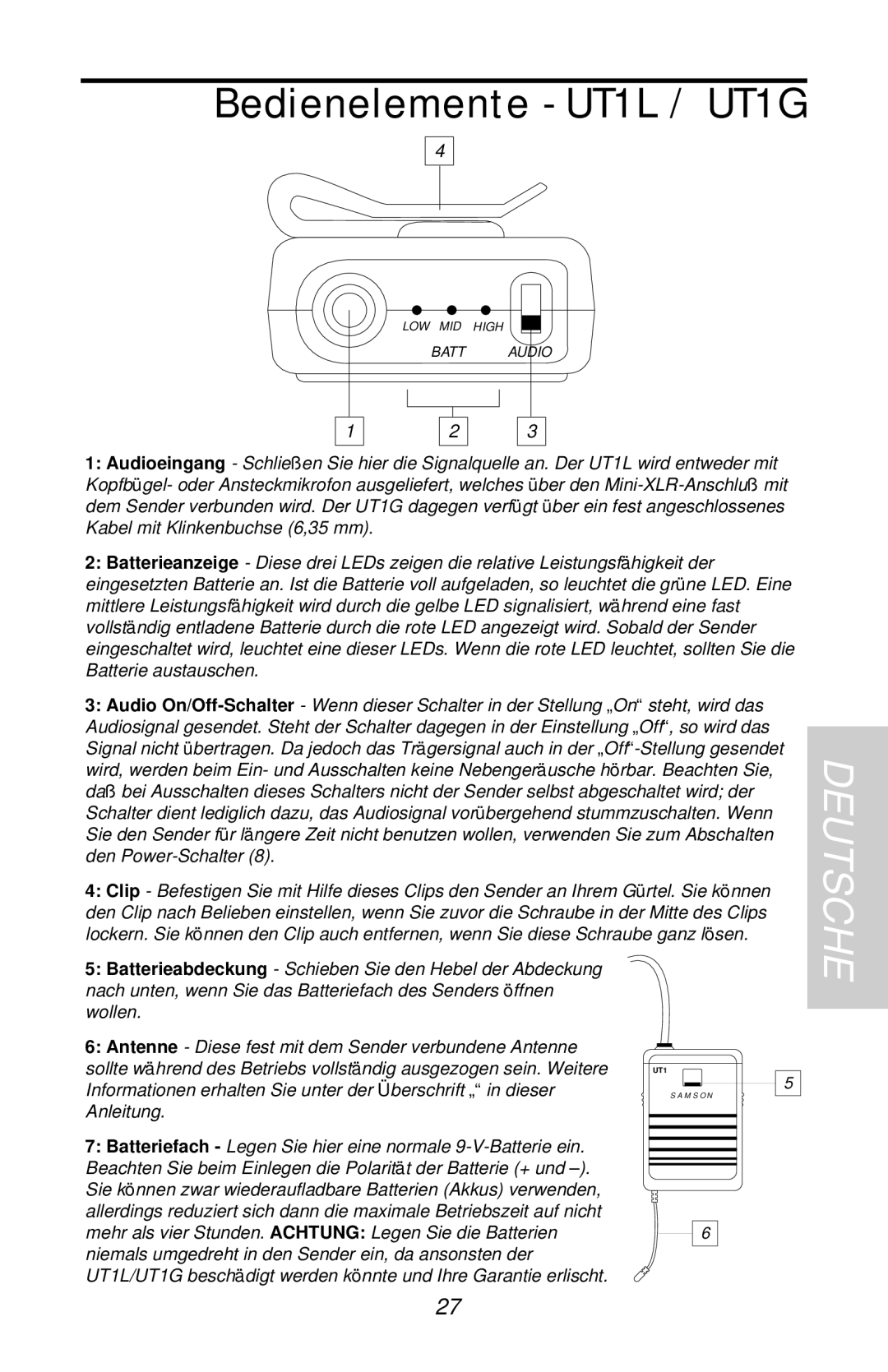 Samson UHF Series One owner manual Bedienelemente UT1L / UT1G, Deutsche 