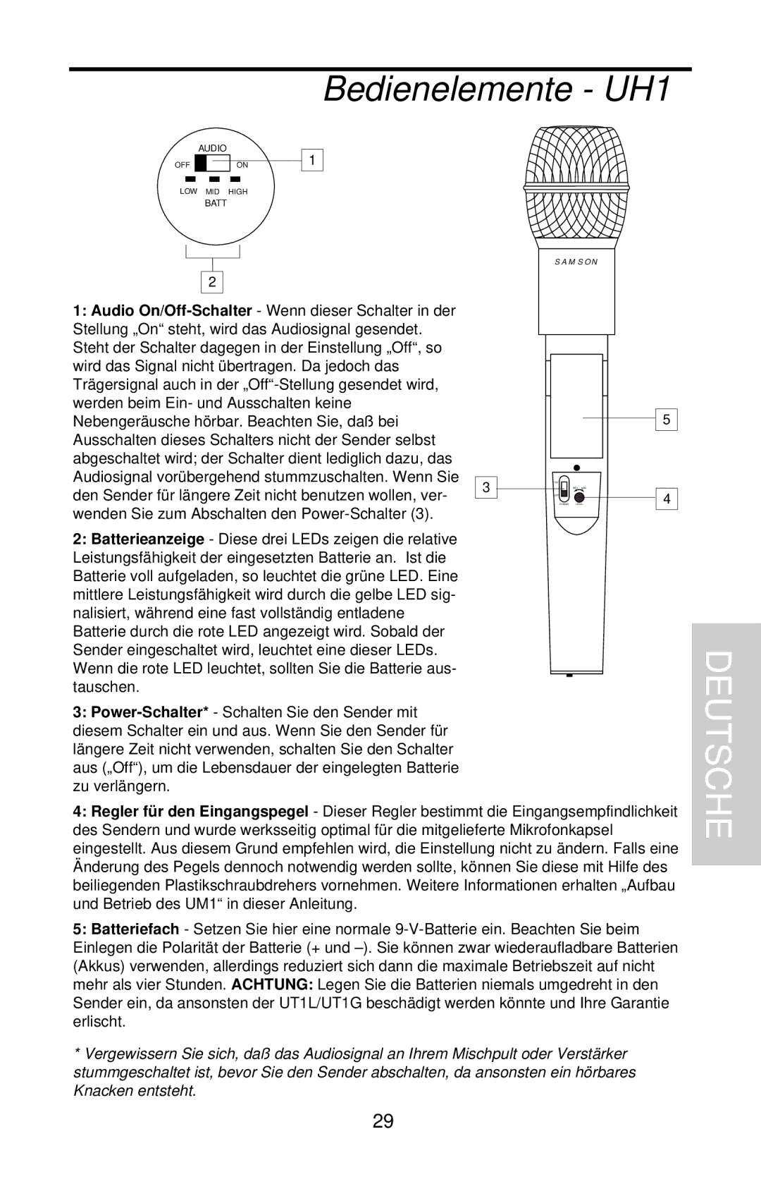 Samson UHF Series One owner manual Bedienelemente UH1, Deutsche 