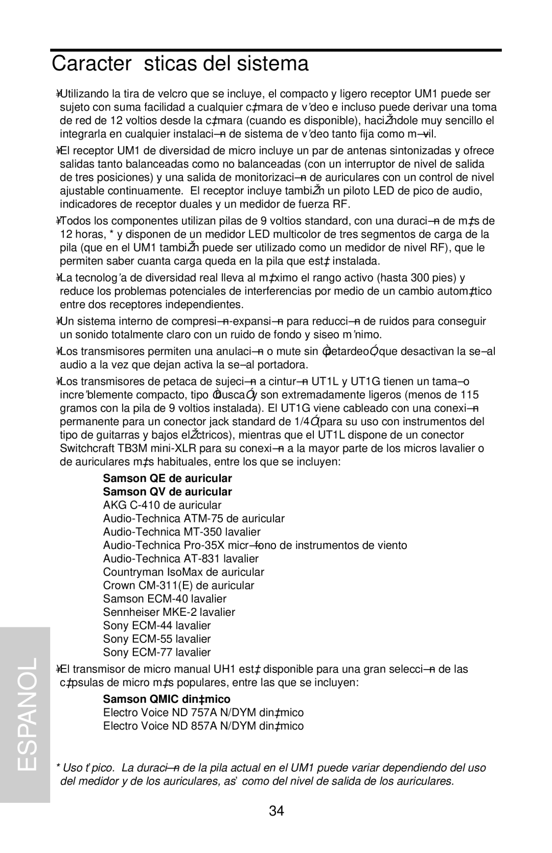 Samson UHF Series One owner manual Samson QE de auricular Samson QV de auricular, Samson Qmic dinámico 