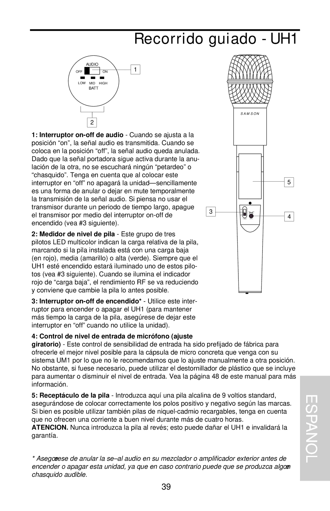 Samson UHF Series One owner manual Recorrido guiado UH1, Control de nivel de entrada de micró fono ajuste 