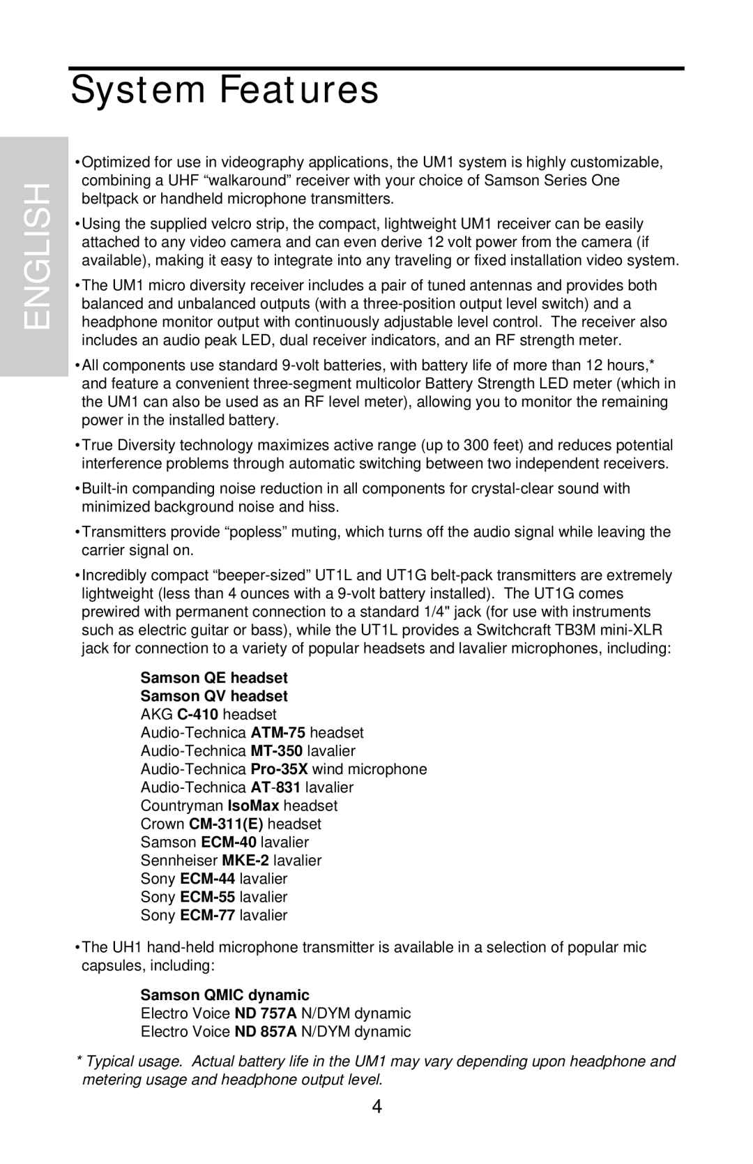 Samson UHF Series One owner manual System Features, Samson QE headset Samson QV headset, Samson Qmic dynamic 