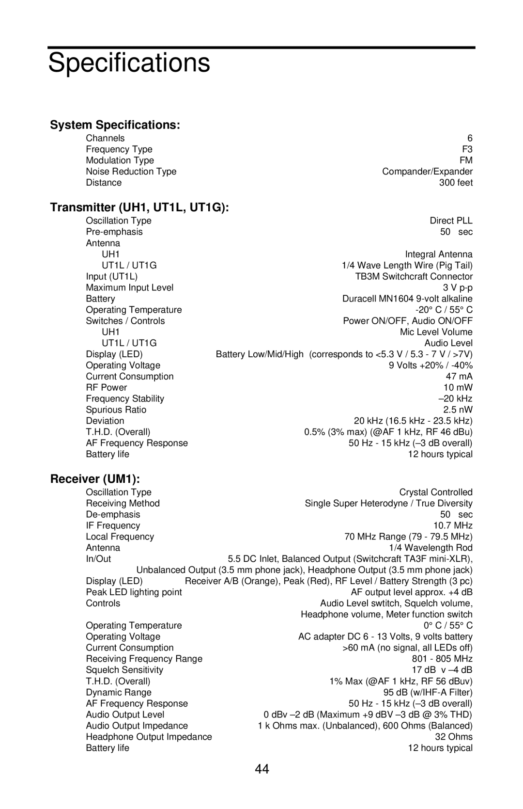 Samson UHF Series One owner manual System Specifications 