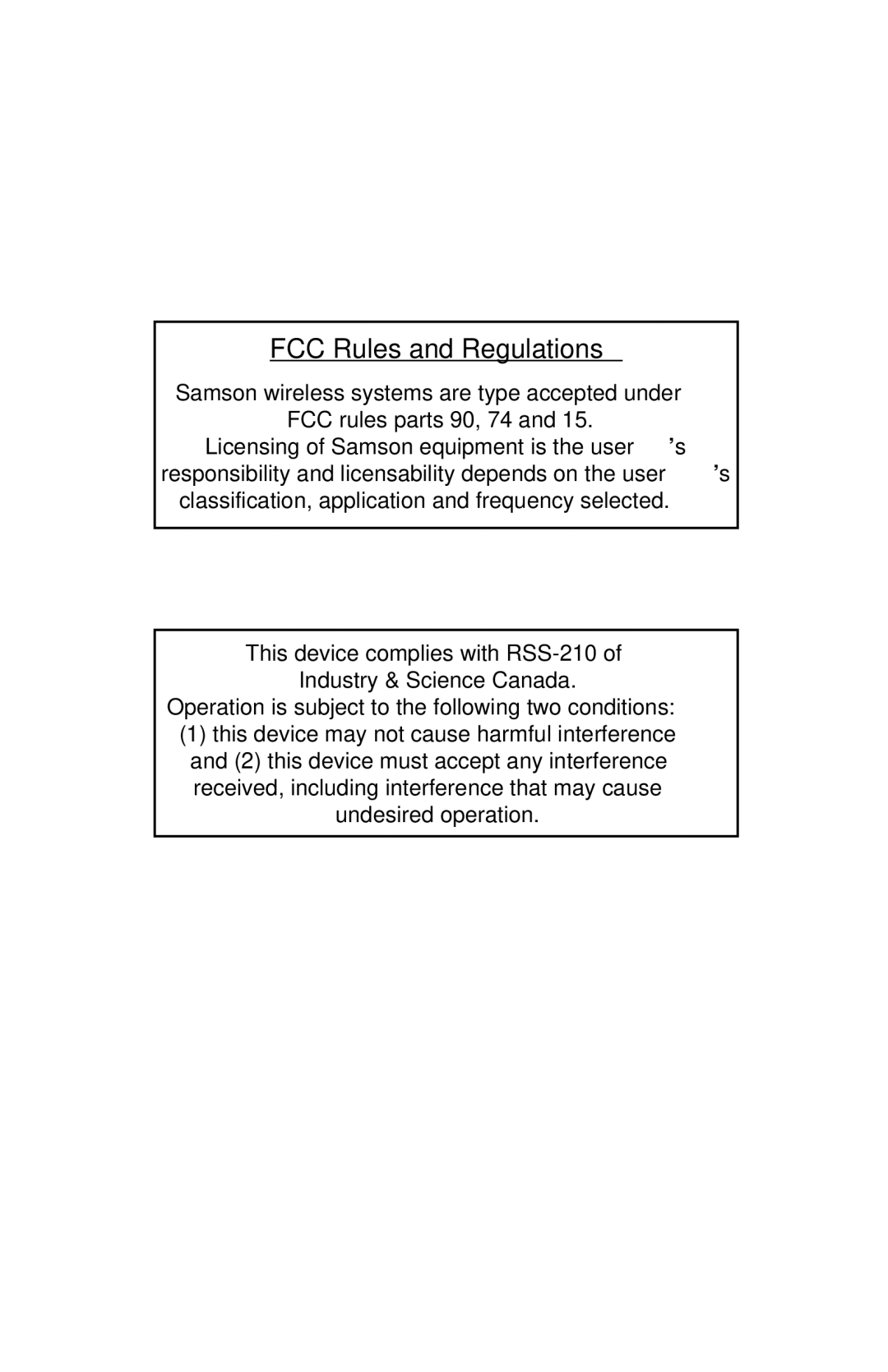 Samson UHF Series One owner manual FCC Rules and Regulations 