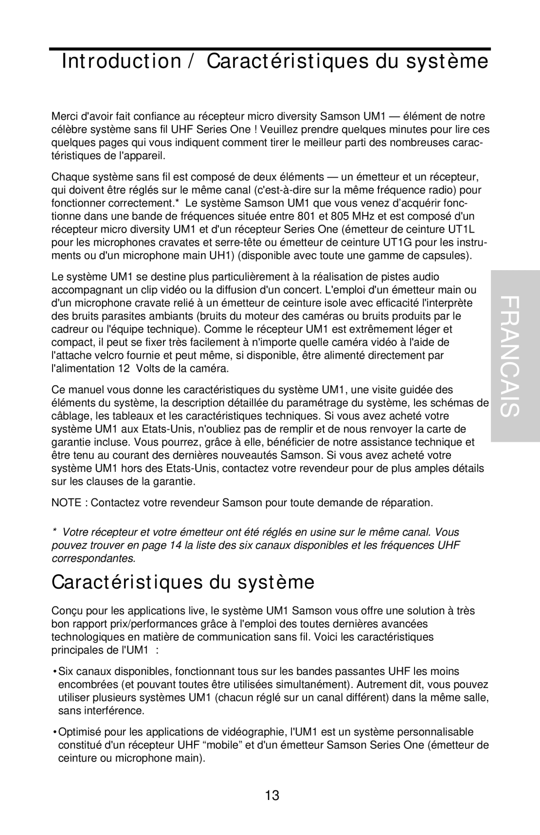 Samson UHF Series One owner manual Francais, Introduction / Caractéristiques du système 