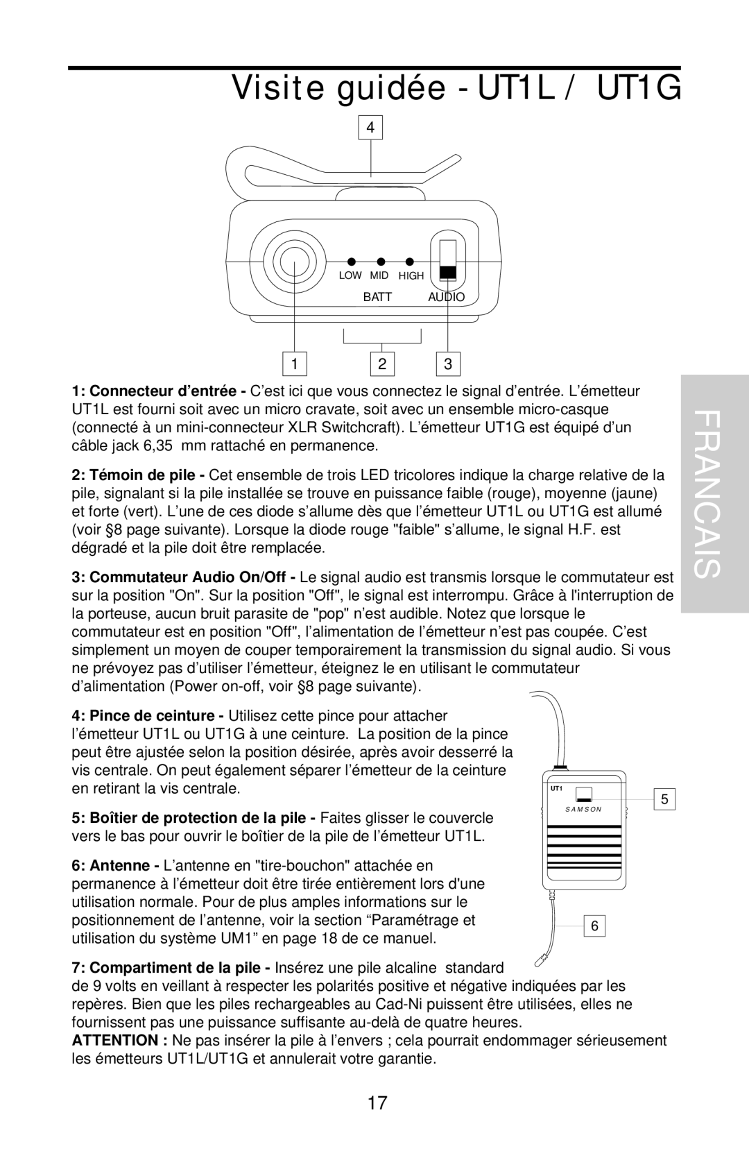 Samson UHF Series One owner manual Visite guidée - UT1L / UT1G, Francais 
