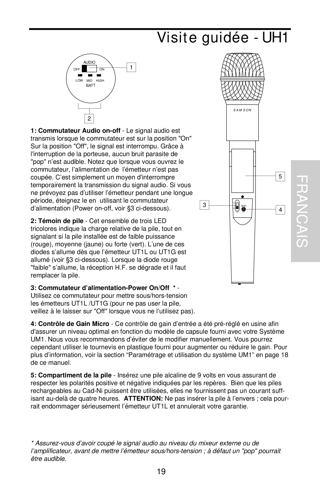 Samson UHF Series One owner manual Visite guidée - UH1, Francais, Audio, Batt 