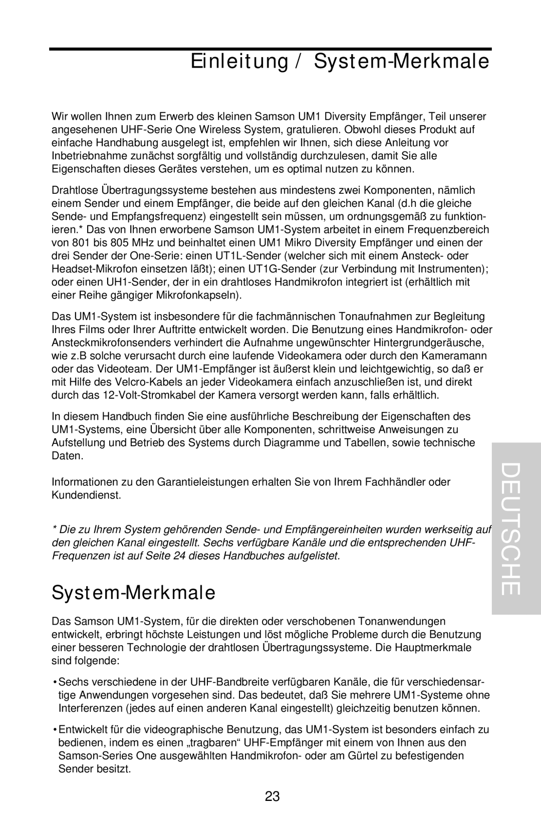 Samson UHF Series One owner manual Deutsche, Einleitung / System-Merkmale 