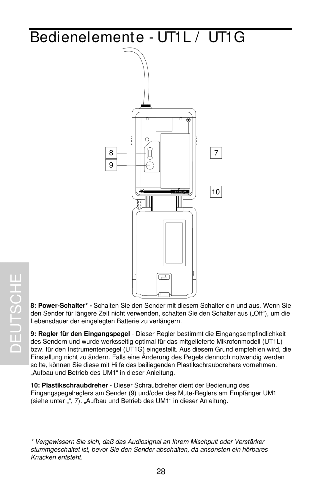 Samson UHF Series One owner manual Bedienelemente - UT1L / UT1G, Deutsche 