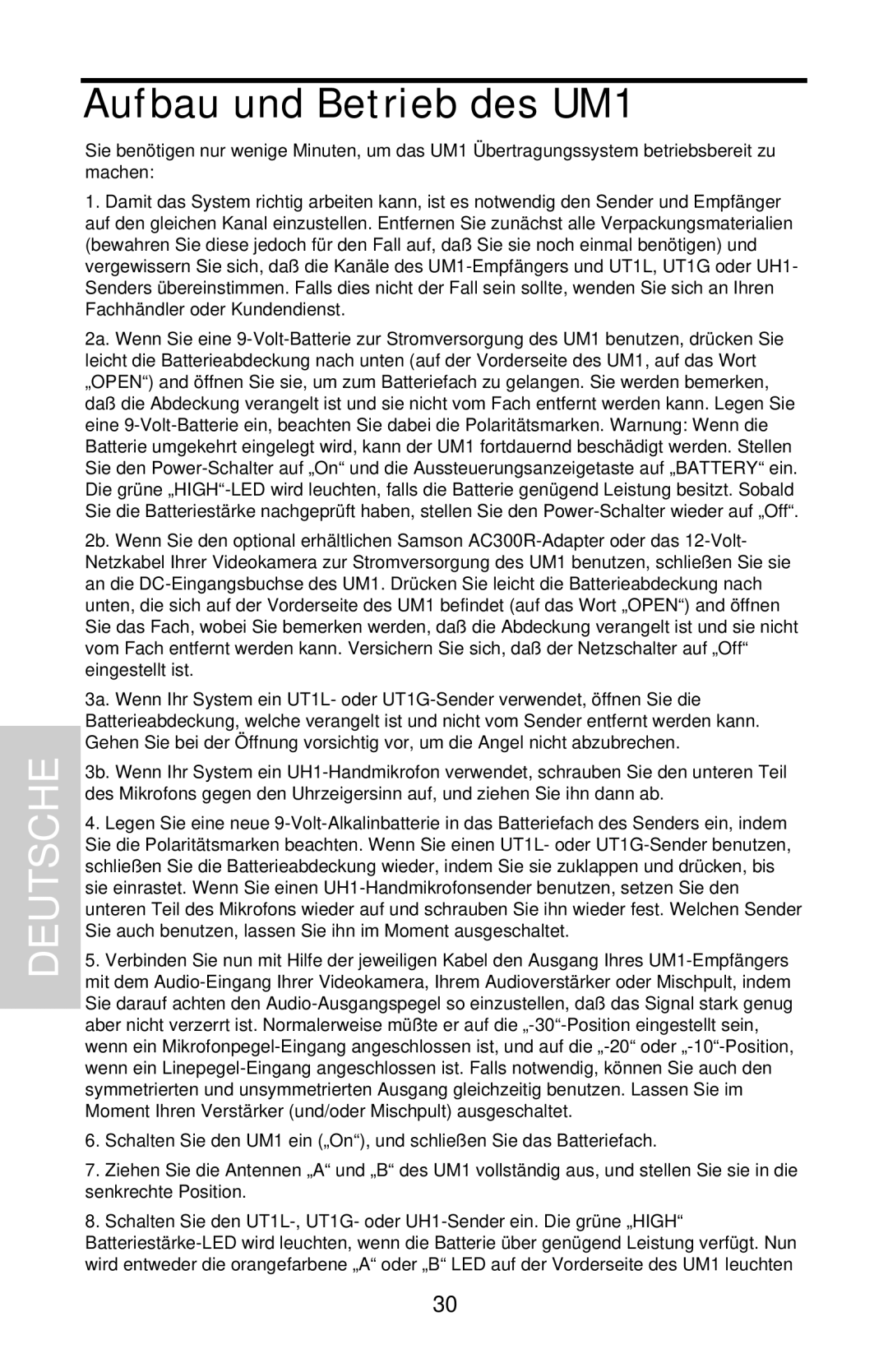 Samson UHF Series One owner manual Aufbau und Betrieb des UM1, Deutsche 