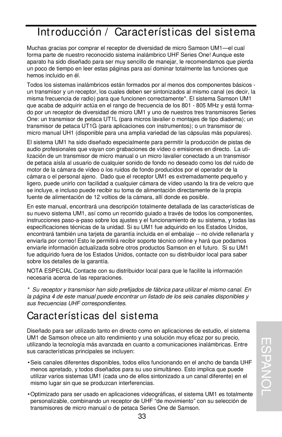 Samson UHF Series One owner manual Espanol, Introducción / Características del sistema 