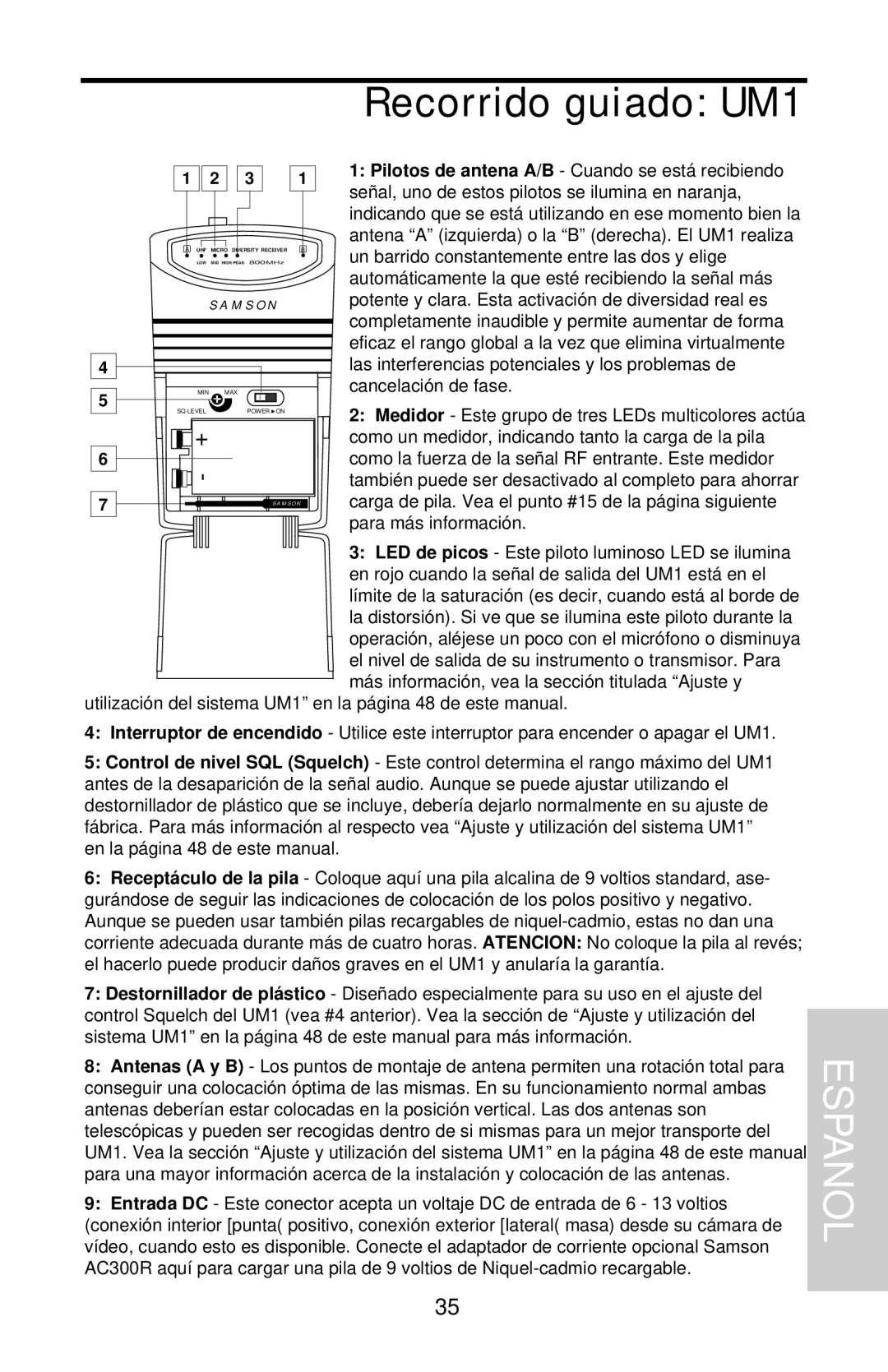 Samson UHF Series One owner manual Recorrido guiado UM1, Espanol 