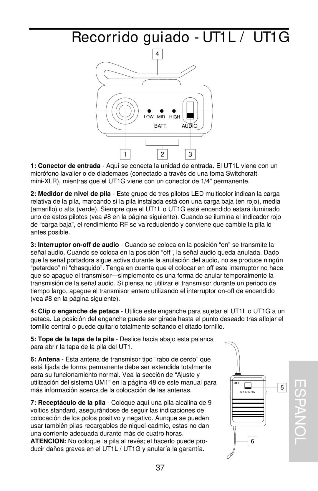 Samson UHF Series One owner manual Recorrido guiado - UT1L / UT1G, Espanol 