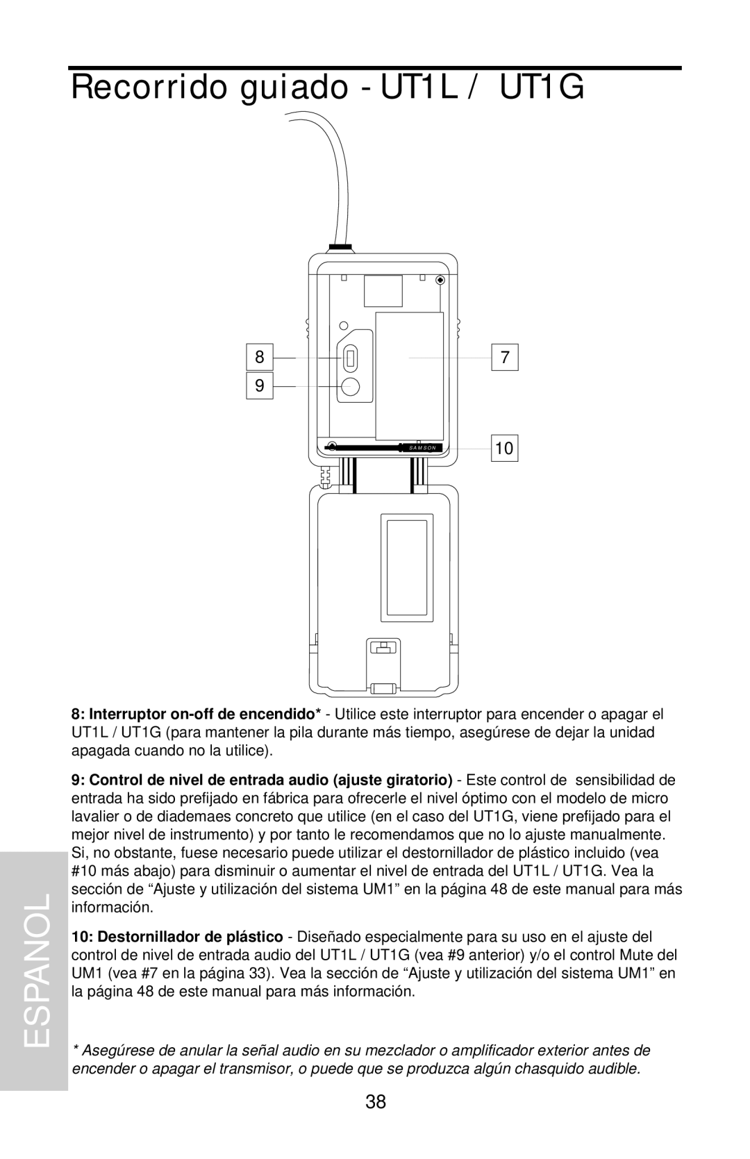 Samson UHF Series One owner manual Recorrido guiado - UT1L / UT1G, Espanol 