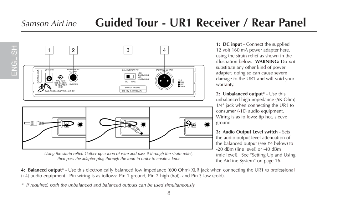 Samson UM1, AR1, AH1/35X, AH1/QV owner manual Samson AirLine Guided Tour UR1 Receiver / Rear Panel 