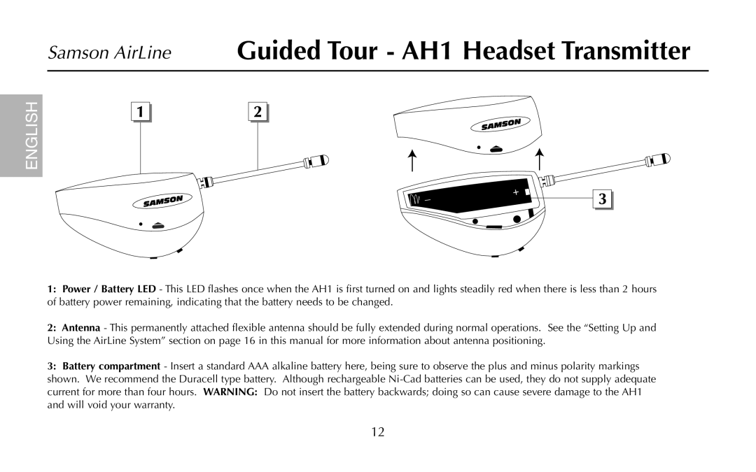 Samson AH1/QV, UR1, UM1, AR1, AH1/35X owner manual Samson AirLine Guided Tour AH1 Headset Transmitter 