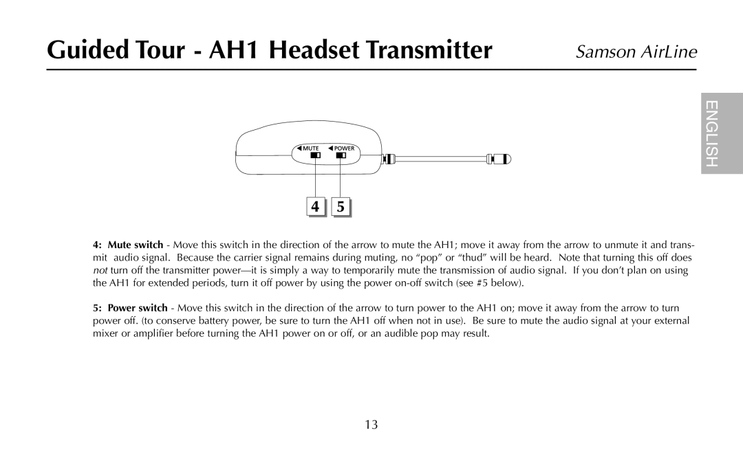 Samson UR1, UM1, AR1, AH1/35X, AH1/QV owner manual Guided Tour AH1 Headset Transmitter 