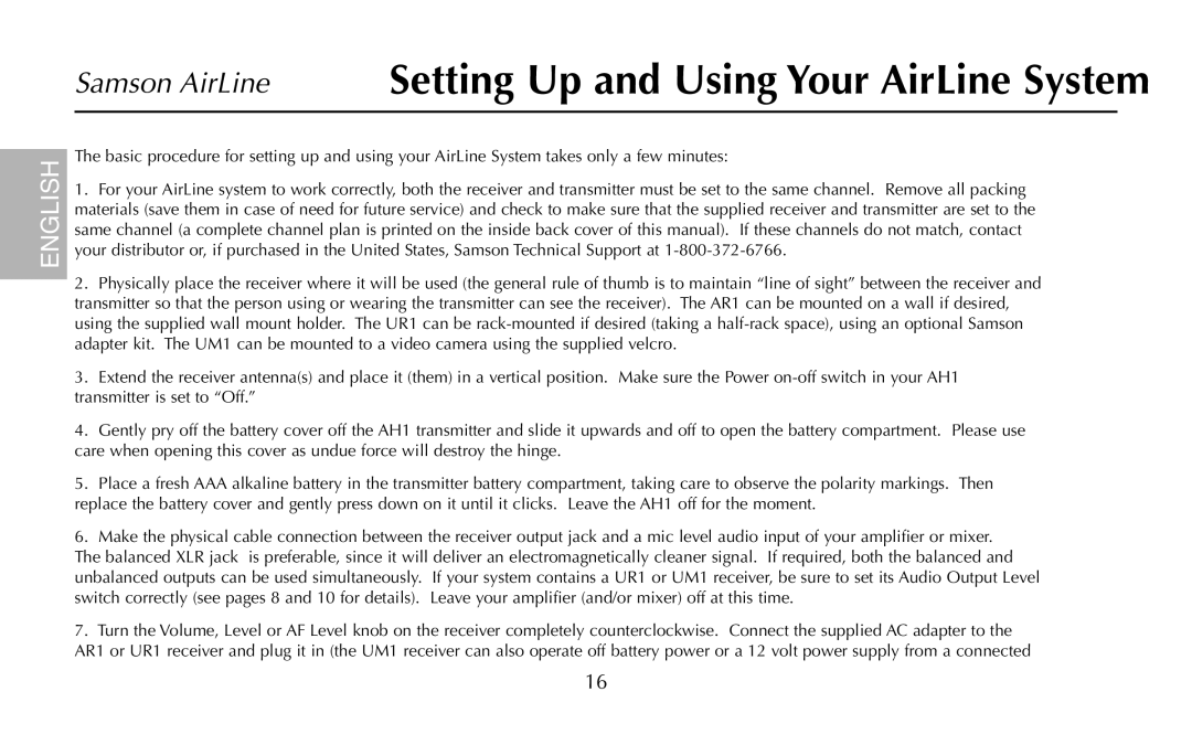 Samson AH1/35X, UR1, UM1, AR1, AH1/QV owner manual Setting Up and Using Your AirLine System 