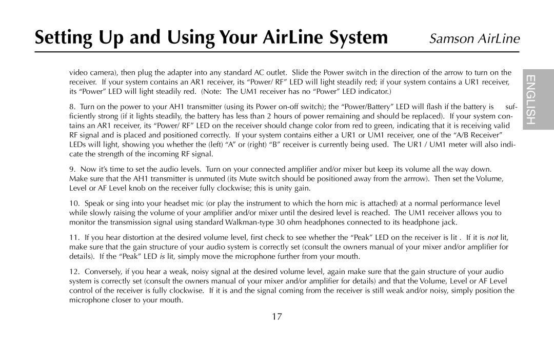 Samson AH1/QV, UR1, UM1, AR1, AH1/35X owner manual Setting Up and Using Your AirLine System 