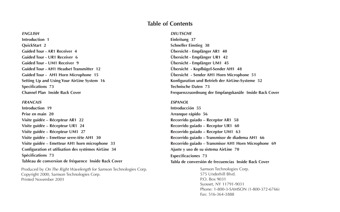 Samson AR1, UR1, UM1, AH1/35X, AH1/QV owner manual Table of Contents 