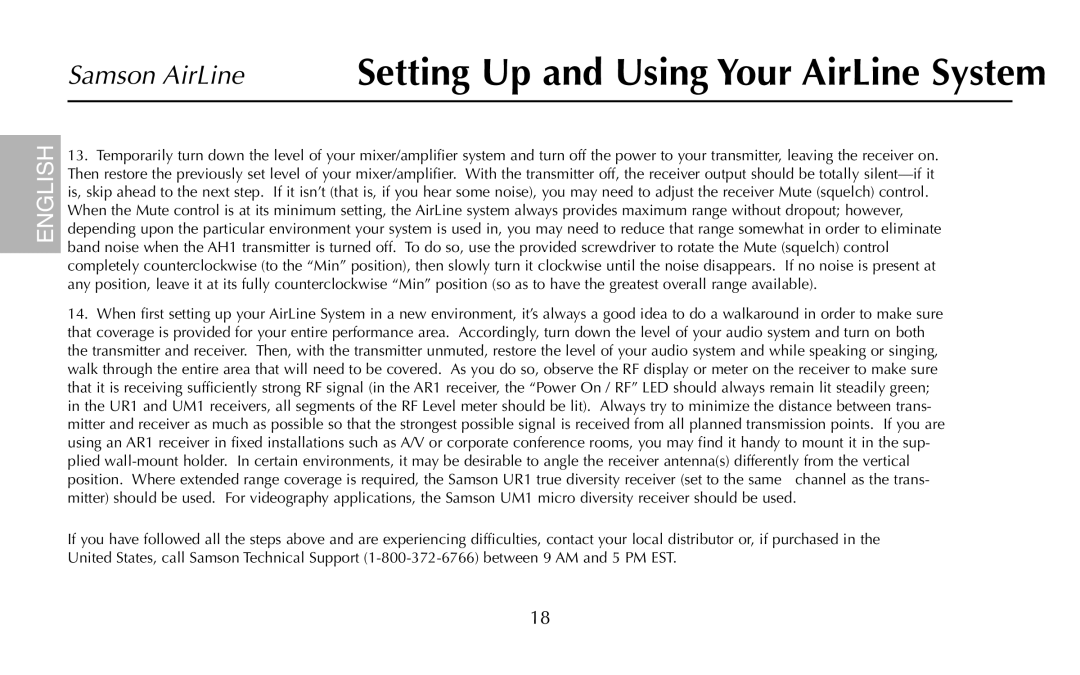 Samson UR1, UM1, AR1, AH1/35X, AH1/QV owner manual Setting Up and Using Your AirLine System 