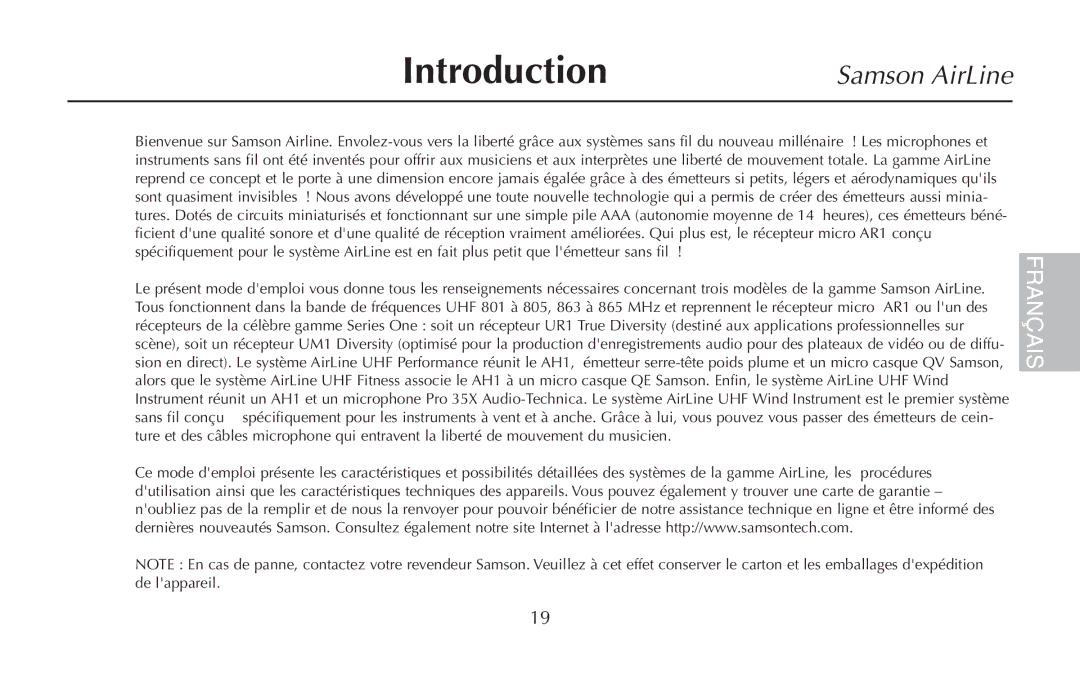 Samson UM1, UR1, AR1, AH1/35X, AH1/QV owner manual Français 