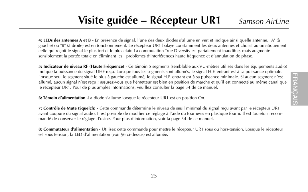 Samson AR1, UM1, AH1/35X, AH1/QV owner manual Visite guidée Récepteur UR1 