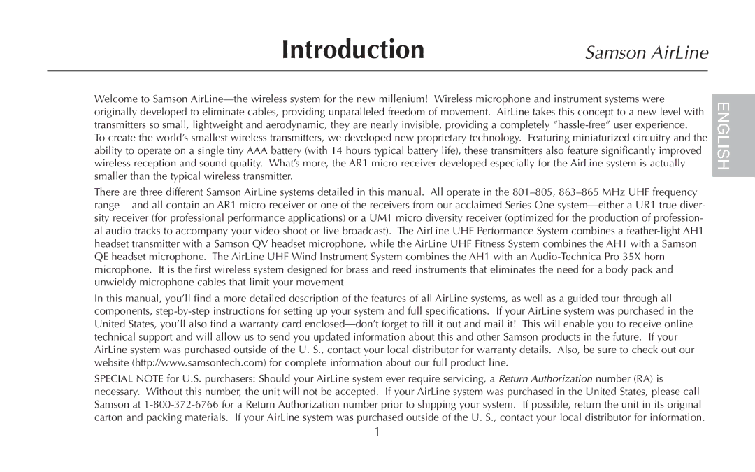 Samson AH1/35X, UR1, UM1, AR1, AH1/QV owner manual Introduction, Samson AirLine 