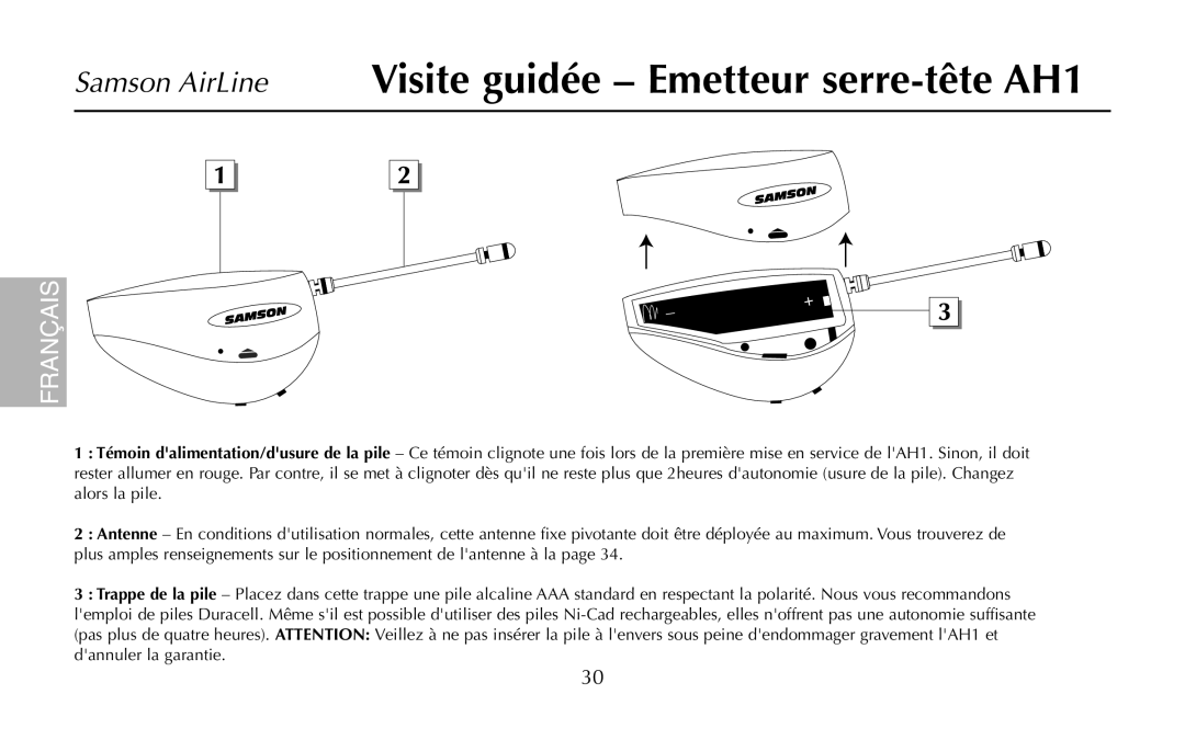 Samson AR1, UR1, UM1, AH1/35X, AH1/QV owner manual Samson AirLine Visite guidée Emetteur serre-tête AH1 