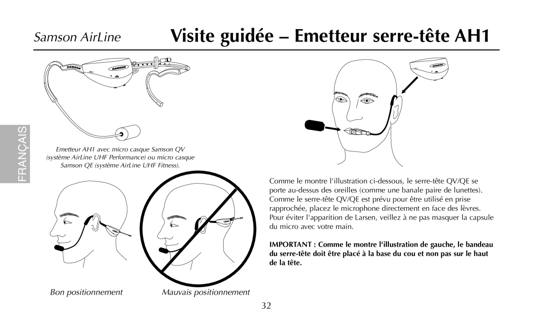 Samson AH1/QV, UR1, UM1, AR1, AH1/35X owner manual Bon positionnement 