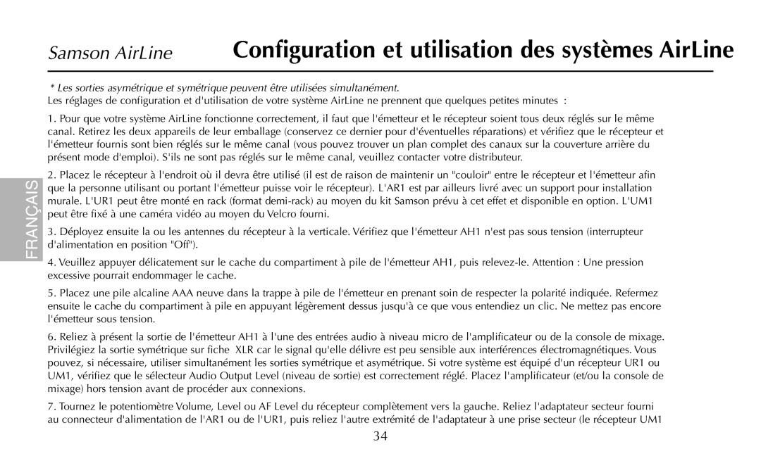 Samson UM1, UR1, AR1, AH1/35X, AH1/QV owner manual Français 