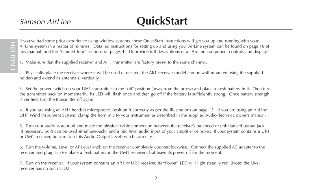 Samson AH1/QV, UR1, UM1, AR1, AH1/35X owner manual QuickStart 