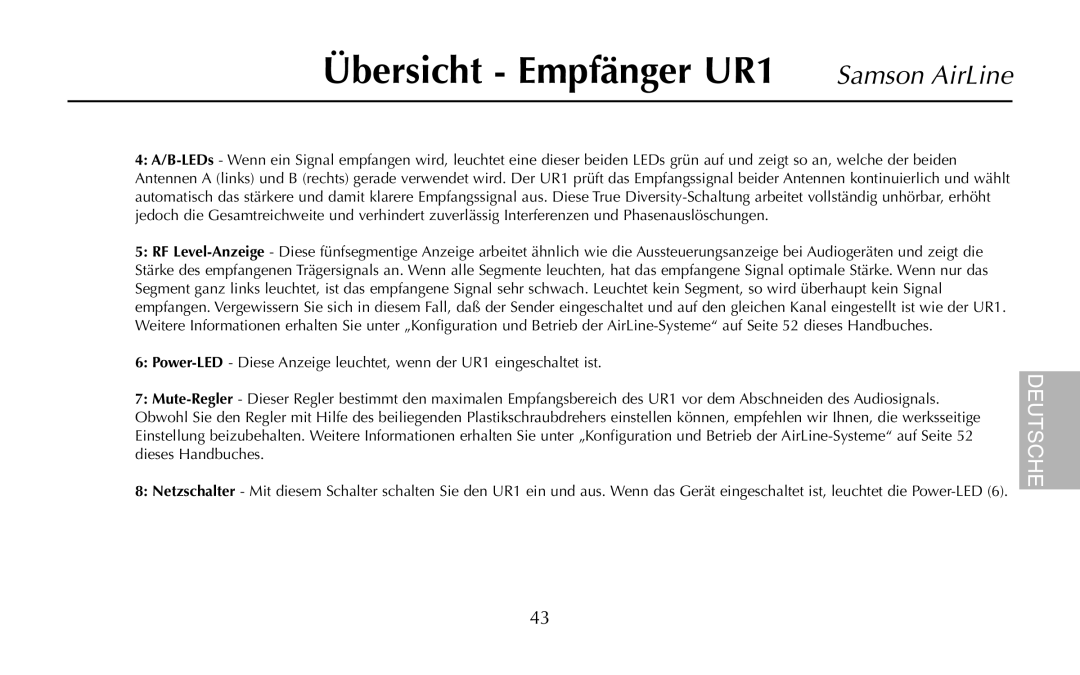 Samson UM1, AR1, AH1/35X, AH1/QV owner manual Übersicht Empfänger UR1 