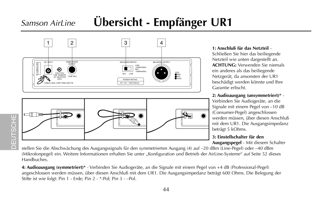 Samson UM1, UR1, AR1, AH1/35X, AH1/QV owner manual Anschluß für das Netzteil 