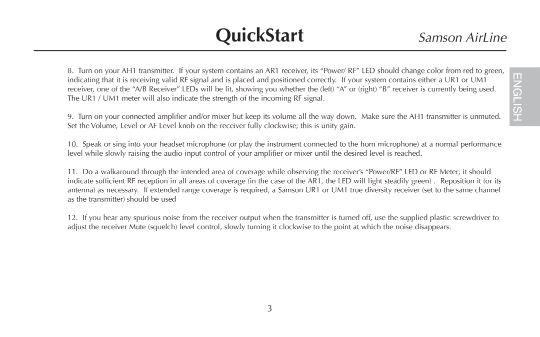 Samson UR1, UM1, AR1, AH1/35X, AH1/QV owner manual QuickStart 