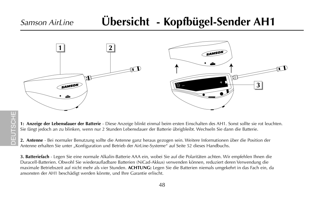 Samson UR1, UM1, AR1, AH1/35X, AH1/QV owner manual Samson AirLine Übersicht Kopfbügel-Sender AH1 