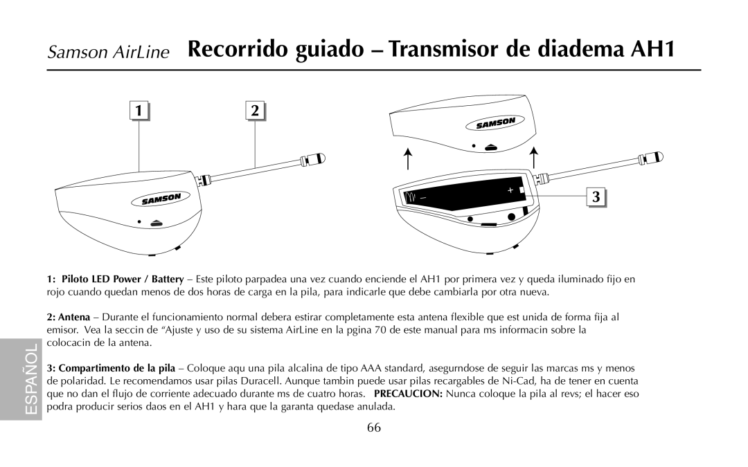 Samson AH1/35X, UR1, UM1, AR1, AH1/QV owner manual Samson AirLine Recorrido guiado Transmisor de diadema AH1 