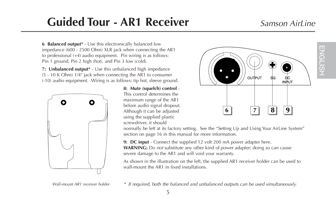 Samson UR1, UM1, AH1/35X, AH1/QV owner manual Guided Tour AR1 Receiver, Pin 1 ground, Pin 2 high hot, and Pin 3 low cold 