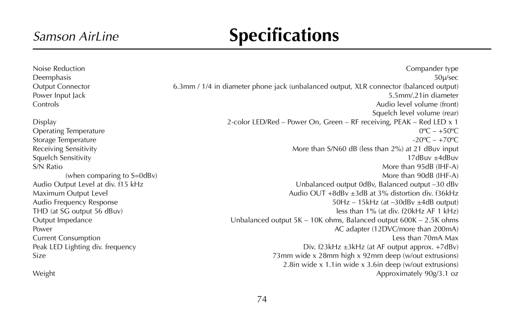 Samson UM1, UR1, AR1, AH1/35X, AH1/QV owner manual Specifications 