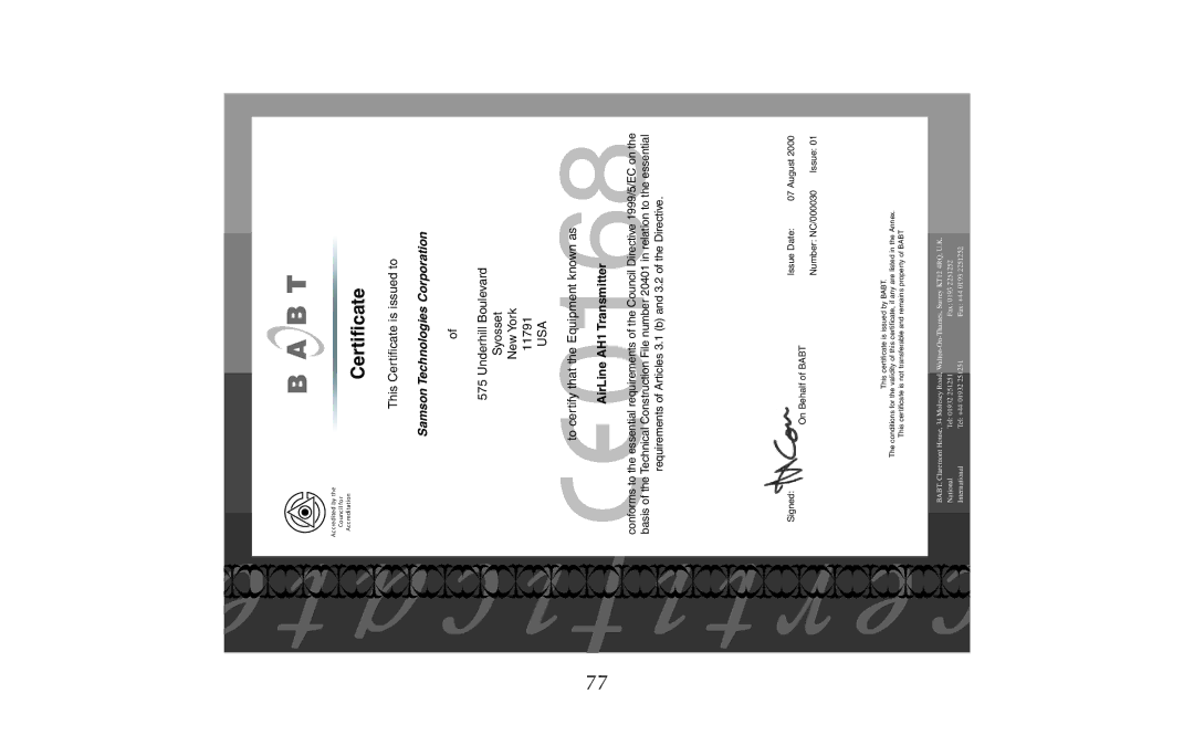 Samson AH1/QV, UR1, UM1, AR1, AH1/35X owner manual Certificate 