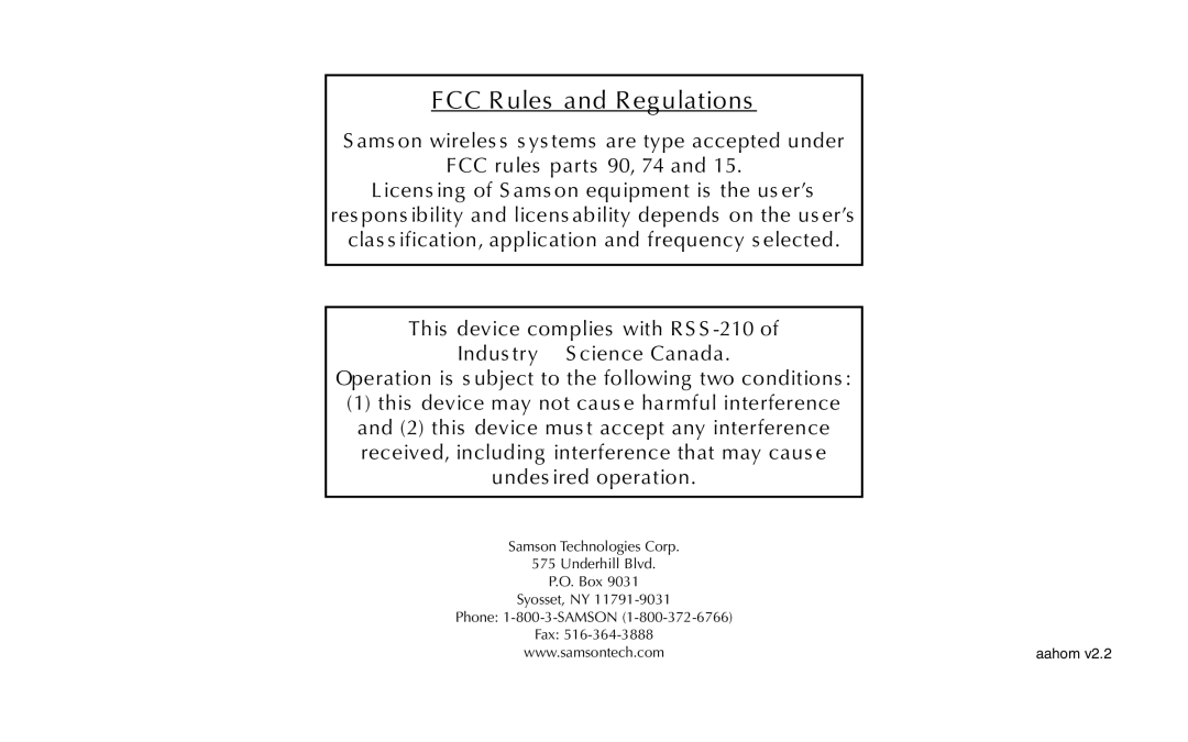 Samson AH1/QV, UR1, UM1, AR1, AH1/35X owner manual FCC Rules and Regulations 