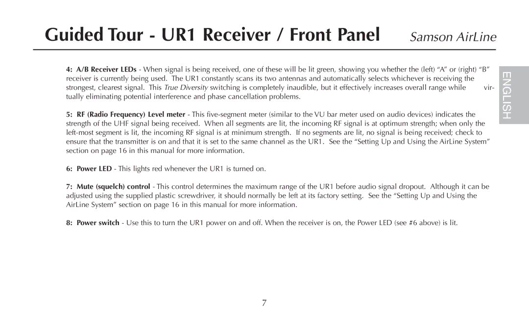 Samson AH1/QV, UM1, AR1, AH1/35X owner manual Guided Tour UR1 Receiver / Front Panel Samson AirLine 