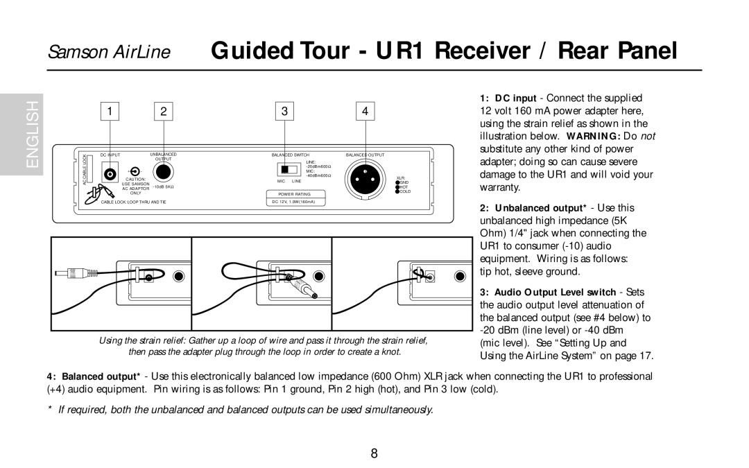 Samson UM1, AR1, AL1, AX1 owner manual Samson AirLine Guided Tour UR1 Receiver / Rear Panel 